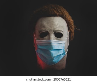 JUNE 12 2021:  Halloween slasher Michael Myers mask with a surgical mask, Covid 19 concept