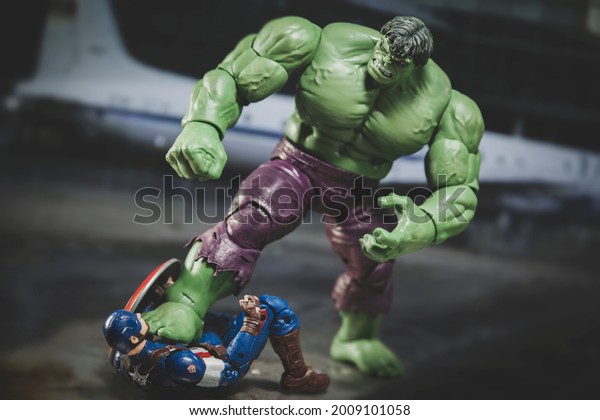 JUNE 12 2021: Scene from Marvel Avengers Civil War, the Incredible Hulk fighting Captain America - Hasbro action figure