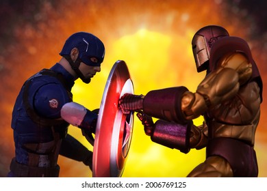 JUNE 12 2021: Scene From Marvel's The Avengers Civil War, Captain America Vs. Iron Man - Hasbro Action Figure