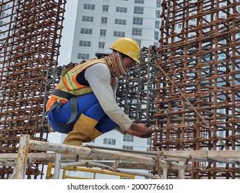 June 13th 2021, Jakarta Indonesia, Installing Rebar Column At Construction Project