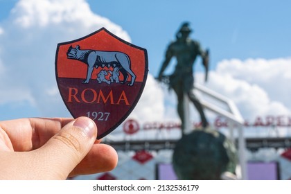 June 14, 2021, Rome, Italy. A.S. Football Club Emblem Roma Against The Backdrop Of A Modern Stadium.