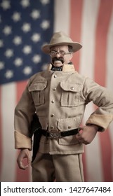 JUNE 16 2019: Hasbro GI Joe Action Figure Of Lieutenant Theodore Teddy Roosevelt With American Flag. Rough Rider Uniform, Battle Of San Juan Hill Cuba