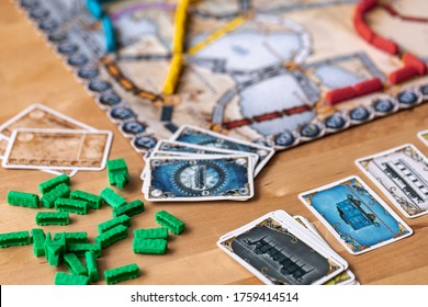 June 18, 2020 - British Columbia, Canada - Ticket To Ride: Europe The Board Game Being Played.