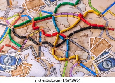 June 18, 2020 - British Columbia, Canada - Ticket To Ride: Europe The Board Game Being Played.