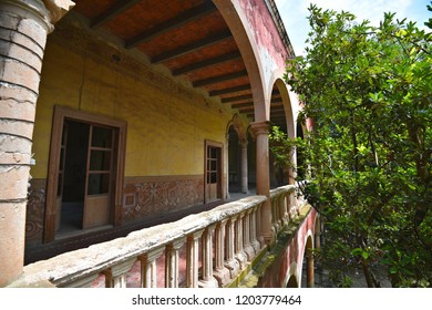 June 20, 2018. San Luis Potosí, Mexico. Exterior Porch View Of The Legendary Hacienda De Gogorrón With The Stucco Walls And The Arched Windows.