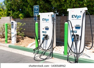 June 20, 2019 Cupertino / CA / USA - EVgo Charging Station Located In A Parking Lot In South San Francisco Bay Area;  EVgo Is America's Largest Public Electric Vehicle (EV) Fast Charging Network