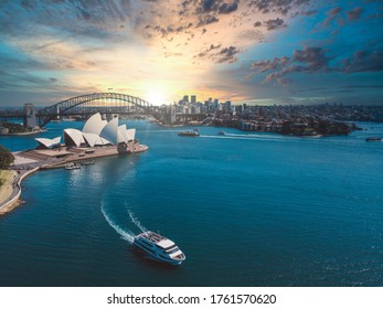 June 20, 2020. Sydney, Australia. Amazing Aerial Sunset View Of The Sydney Opera House From Above With Harbour Bridge And The Bay.