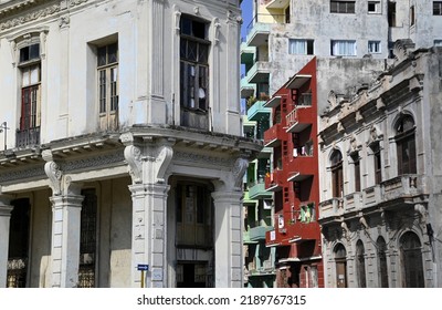 June 20, 2022. Cityscape With Scenic View Of Old Colonial Buildings Along Paseo José Martí  In Havana, Cuba. 