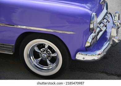 June 20, 2022. Vintage Purple 1950 Chevrolet Bel Air With A Chrome Bumper, Grill And White Wall Tires With Chrome Rims In Havana, Cuba. 