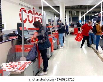 June 2020, City Of Melbourne, Australia: Plexiglass Protection At Self-service Checkout Inside Coles Supermarket During Coronavirus/ COVID-19 Outbreak. People With Surgical Mask.