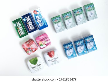 June 2020, UK Swansea- Product Photography Of 14x Freshlife, FRISK, Velamints Mints Metal Tin Empty Boxes