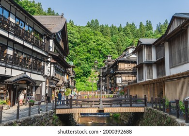 June 2021 - Yamagata, Japan: Famous Ginzan Onsen Street, a hot spring town nestled in the mountains of Yamagata Prefecture. 