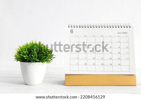 june 2023 Desktop calendar for planners and reminders on wooden table with plant pots on a white background.