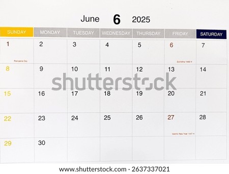 June 2025. Resolution, strategy, solution, goal, business and holidays. Date - month. Page of annual monthly Calendar. Plan Your Month with Holidays, Events, and Important Dates. Close up calendar