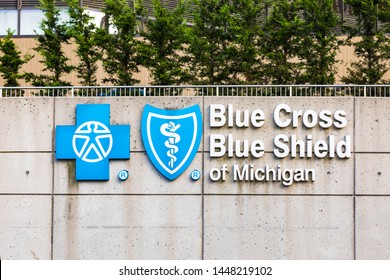 June 23, 2019. Blue Cross Blue Shield Of Michigan (BCBSM) Sign In Downtown Detroit, Michigan, USA.