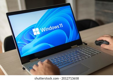 June 23, 2021. Barnaul, Russia. Windows 11 Logo On Laptop Screen. A New Operating System Update From Microsoft
