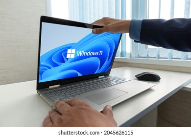 June 23, 2021. Barnaul, Russia. Windows 11 Logo On Laptop Screen. A New Operating System Update From Microsoft