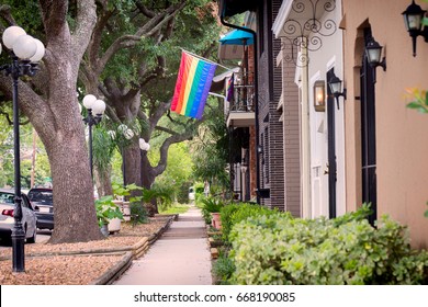 June 26, 2017: The Rainbow Flag, A Symbol Of LGBT Pride, Freedom And Tolerance Is Proudly Displayed In A Residential Area In The City Of Houston, Texas