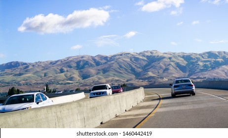 June 26, 2019 Milpitas / CA / USA - Driving On The Express Lane To Switch Between Highways; Mission Peak, Monument Peak And Allison Peak In The Background; South San Francisco Bay, California