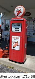 June 26, 2020 - old vintage texaco red and chrome fire chief gasoline gas pump with glass globe - Orchard Park, N.Y.