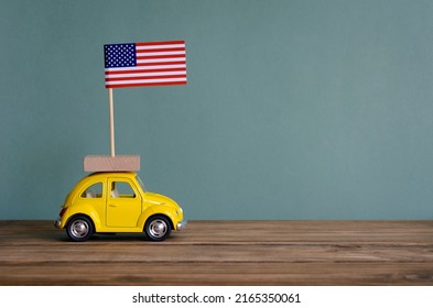 June 3, 2022, Russia - Happy Independence Day Greeting Banner. 4th Of July (Fourth Of July) Concept.  American Flag On The Car And Text, Mixed Media.