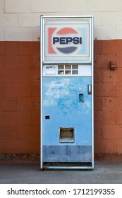 June 4, 2020 - Mountain Home Idaho USA: A Vintage Pepsi Branded Vending Machine Stands Outside An Old Gas Station.