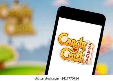 June 6, 2019, Brazil. In This Photo Illustration The Candy Crush Saga Logo Is Displayed On A Smartphone.