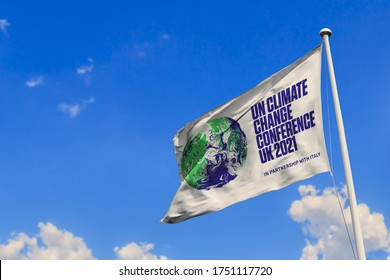 June 7, 2020, Brazil. In this photo illustration the 2021 United Nations Climate Change Conference (COP26) soon appears on a flag.