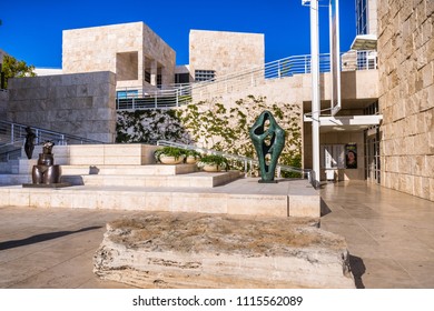 June 8, 2018 Los Angeles / CA / USA - The Fran And Ray Stark
Sculpture Terrace At Getty Center; Museum Building Covered In Travertine Rock In The Background