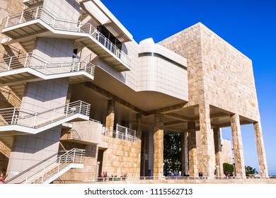 June 8, 2018 Los Angeles / CA / USA - One Of The Facades Of The Museum Exhibitions Pavilion At The Getty Center Where Walls Tiled With Travertine Rock Meets An Aluminium Staircase; 