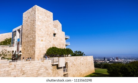 June 8, 2018 Los Angeles / CA / USA - Medieval Looking Building Covered In Travertine Rock At The Getty Center Designed By Architect Richard Meier