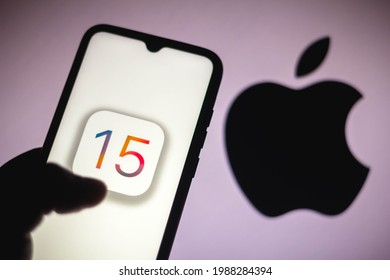 June 9, 2021, 2021, Brazil. In This Photo Illustration The IOS 15 Logo Is Seen On A Smartphone With An Apple Logo In The Background