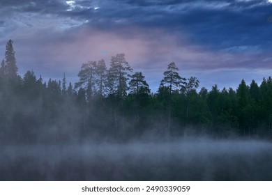 June, night in taiga. Lake with forest and blue twilight sky. Landscape from north of Europe, Kuhmo in Finland. Tree in forest, Finland, Europe. Fog night with pink dark grey clouds. - Powered by Shutterstock