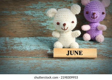 June Text On Wood Block And Couple Of Teddy Bear Crochet Knitting On Light Blue Painted Old Planks Background. Hello June Concept. Empty Space For Text