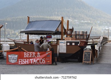 JUNEAU, ALASKA – AUGUST 5, 2017: Customers enjoying Deckhand Dave’s Fish Tacos in Juneau, Alaska