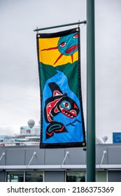 Juneau, Alaska - July 27, 2022: Native Art Banners On Lamp Posts Along The Juneau Ocean Walk. .