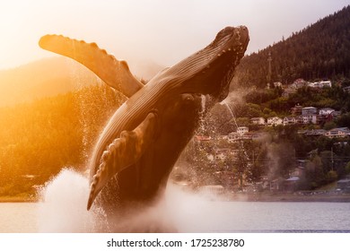 Juneau, Alaska, United States Of America. Statue Of A Big Wale Jumping Out From Water In A Small Touristic Town.