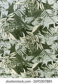 Jungle leaves seamless pattern with an overlapping, textured design. Dense tropical foliage in shades of olive green, sage, and pale cream on fabric.