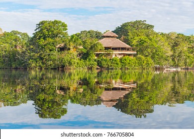 Jungle Lodge Located By The Amazon River. The Tributaries Of The Amazon Traverse The Countries Of Guyana, Ecuador, Peru, Brazil, Colombia, Venezuela And Bolivia.