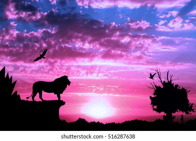 Jungle With Mountains, Old Tree, Birds Lion And Meerkat On Purple Cloudy Sunset Background