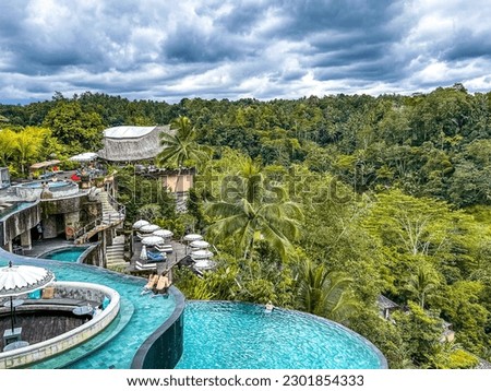 Jungle pool and bar overlooking rice terraces in Ubud, Bali, Indonesia