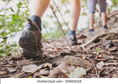 Jungle Trekking, Group Of Hikers Backpackers Walking Together Outdoors In The Forest, Close Up Of Feet, Hiking Shoes