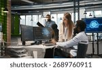 Junior dev and coworker in wheelchair developing software applications, optimizing code. Female technician and colleague with paraplegia in office using AI to solve bottlenecks, camera A