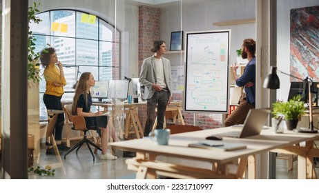 Junior Marketing Specialist Making a Team Presentation in Creative Office Meeting Room. Project Manager Showing a Fresh Product Timeline. Project Plan Presentation on Digital Whiteboard Monitor - Powered by Shutterstock