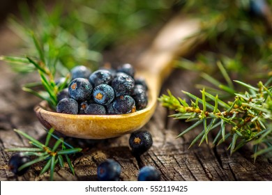 Juniper berries on old wooden table