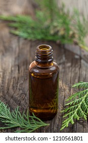 Juniper, Twig With Cones, Close Up,Bottle Of Cypress Tincture, Infusion, Oil