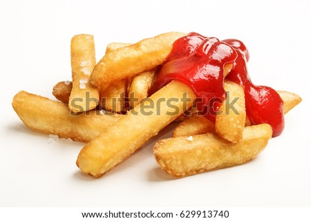 junk food, french fries with tomato ketchup isolated on white background