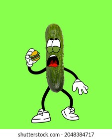 Junk food  Funny cute green cucumber eating hamburger isolated over green background  Drawn vegetable in cartoon style  Vitamins  vegan  Concept funny meme emotions  healthy food concept