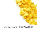 Junk food. Potato chips pile on white background top view mock-up