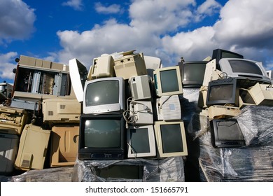 Junked crts computer monitors, tvs and old printers for recycling or safe disposal recycling, any logos and brand names have been removed. Great for recycle and environmental themes.
